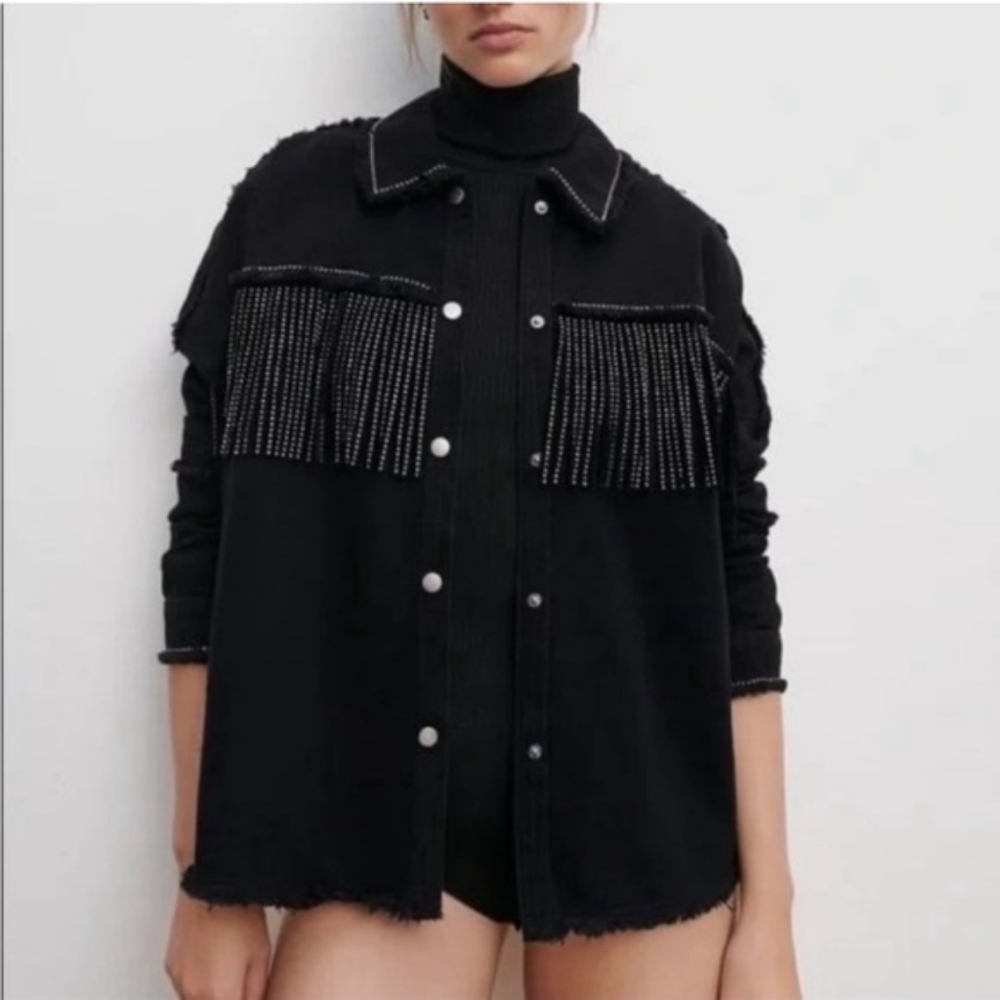 Zara Bloggers Favorite Black Denim Fringe Rhinestone Western Shirt Jacket